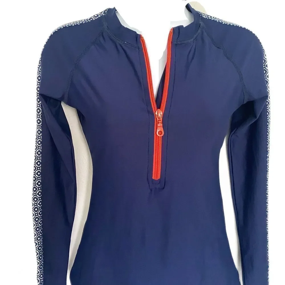 J Crew Rashguard Top - S navy.  Red , white quarter zip , polyester spandex